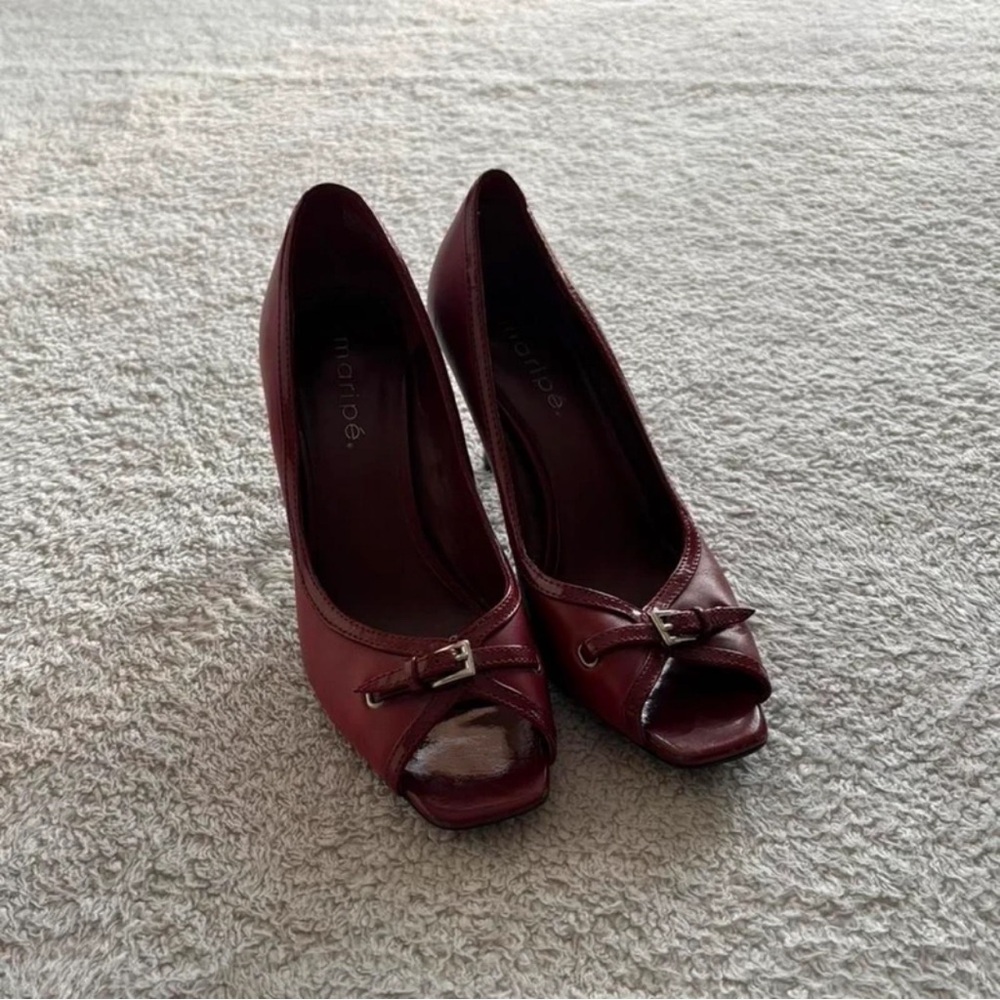 Maripe Burgundy Peep-Toe Leather Heels with Buckle Detail